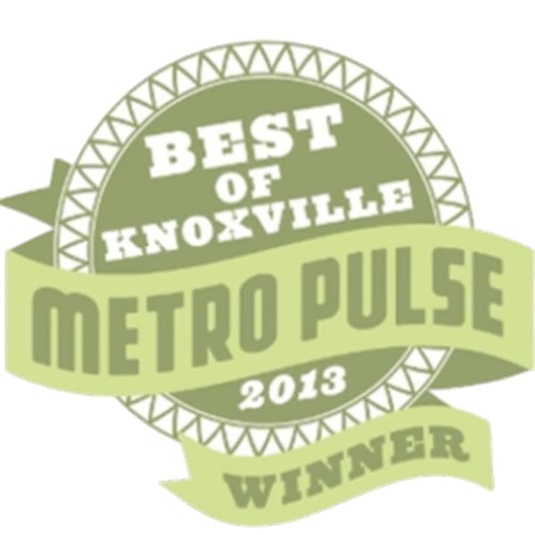 Green and white "Best of Knoxville Metro Pulse 2013 Winner" award badge.