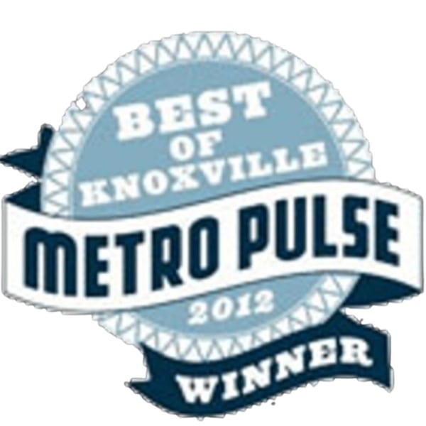 Blue and white "Best of Knoxville Metro Pulse 2012 Winner" award badge.