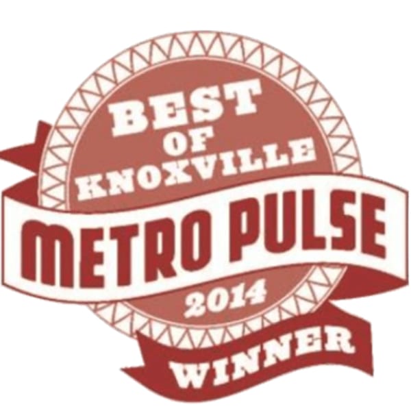 Red and white badge for "Best of Knoxville Metro Pulse 2014 Winner" award.