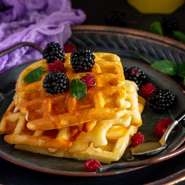Golden waffles topped with fresh blackberries, raspberries, mint, and syrup on a dark plate.
