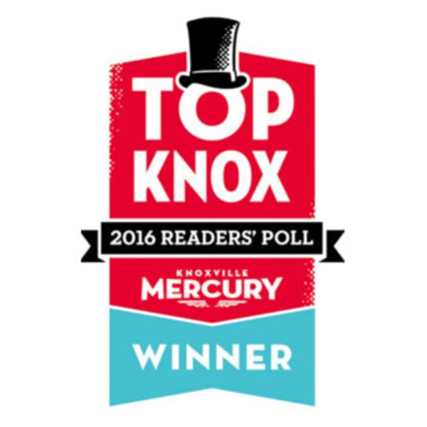 A red and blue badge with a top hat, reading "TOP KNOX 2016 READERS' POLL KNOXVILLE MERCURY WINNER".