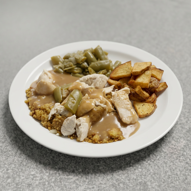 Country Fried Steak, Chicken & Dressing, or Crispy Flounder.